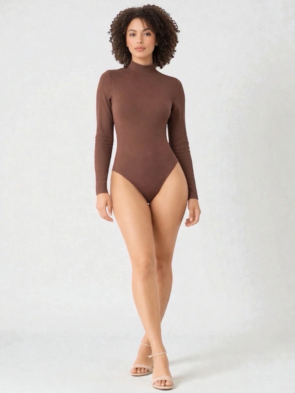 SHEIN Brown Ribbed Snap Bodysuit | Women’s XS | Long Sleeve Mock Neck One-Piece